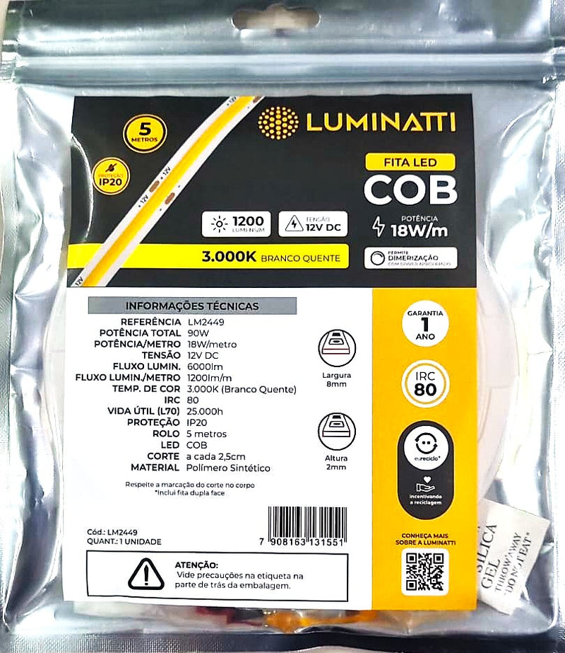 Fita Led Cob Branco Quente 12v *permite dimerização